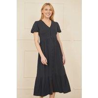 Yumi Women's Navy Viscose Button Through Midi Dress | Size: 10