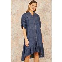 Yumi Women's Blue Chambray Denim Dip Hem Relaxed Fit Shirt Dress | Size: Small