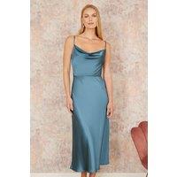 Yumi Women's Blue Satin Cowl Neck Midi Dress | Size: 14