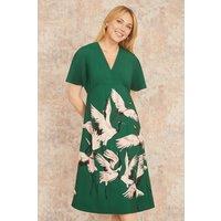 Yumi Women's Green Recycled Fabric Crane Print Kimono Midi Dress | Size: 10