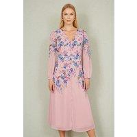 Yumi Women's Pink Floral Placement Button Down Midi Dress With Long Sleeves | Size: 12