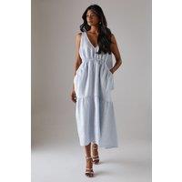 Jacquard Plunge Tie Pocket Midi Dress
