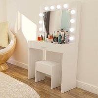 Home Source Dressing Table with Stool LED Lights Mirror Makeup Vanity Desk Set in White