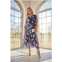 Yours Women's Floral Metallic Wrap Dress in Dark Navy | Size: 20