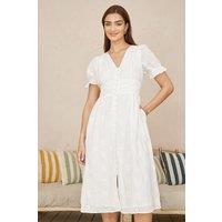 Yumi Women's White Cotton Broderie Anglaise Midi Button Up Dress | Size: 10