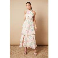 Oasis Women's Floral Printed Halter Neck Chiffon Tiered Maxi Dress in Ivory | Size: 14