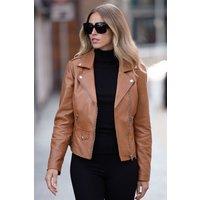 Ashwood Leather Women's 'Fia' Real Leather Biker Jacket Women Coat in Tan | Size: 16