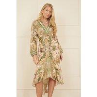 Yumi Women's Green Viscose Scarf Print Tie Front Midi Dress With Dip Hem | Size: 8