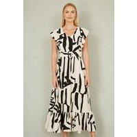 Yumi Women's Ivory Abstract Print Viscose Midi Dress With Matching Belt in Beige | Size: 10