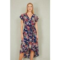 Yumi Women's Blue Floral Wrap Midi Dress With Frill Hem | Size: 12