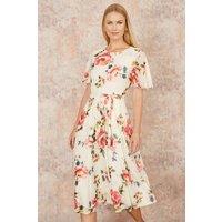 Yumi Women's Ivory Mesh Floral Print Midi Dress With Angel Sleeves | Size: 12
