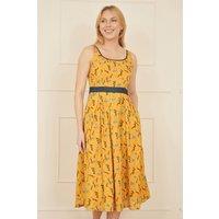 Yumi Women's Mustard Floral Skater Dress With Denim Trims | Size: 14
