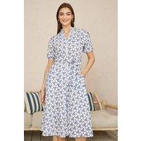 Yumi Women's White & Blue Cotton Broderie Anglaise Midi Shirt Dress | Size: 10