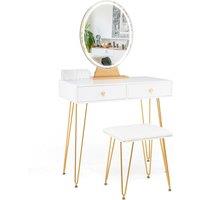 Gymax Vanity Set with LED Lighted Mirror Dressing Table With Cushioned Stool in White