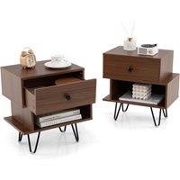 Gymax Nightstand Set of 2 End Sofa Side Tables Removable Drawer Metal Legs in Walnut | Size: 2 Pack