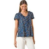 Roman Women's Printed Ruffle V-Neck Stretch Top in Navy | Size: 10
