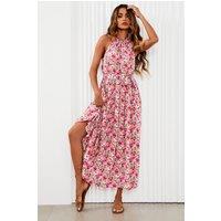 FS Collection Women's Floral Tie Halterneck Maxi Dress In Pink | Size: XL