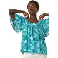 Roman Women's Floral Print Square Neck Top in Blue | Size: 16