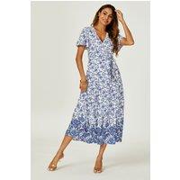 FS Collection Women's Floral Border Print Hem Tiered Midi Dress In White | Size: XS