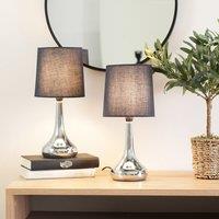 ValueLights Teardrop Pair Compact Fabric Shades Brushed Chrome Touch Table Lamps in Navy