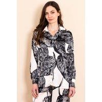 Sarta Women's Leaf Print Satin Long Sleeve Silky Blouse Black Cream | Size: Medium