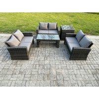 Fimous 6 Seater Rattan Wicker Garden Furniture Patio Conservatory Sofa Set with Coffee Table Double Seater Sofa Side Table in Dark Grey