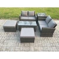 Fimous High Back Rattan Garden Furniture Sofa Sets with Rectangular Coffee Table Side Table 2 Big Footstool Dark Grey Mixed