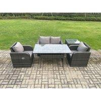 Fimous Outdoor Rattan Garden Furniture Lounge Sofa Set With Oblong Rectangular Dining Table 2 PC Reclining Chair in Dark Grey