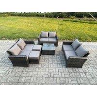 Fimous Outdoor Lounge Sofa Set Wicker PE Rattan Garden Furniture Set with Square Coffee Table Double Seat Sofa in Dark Grey