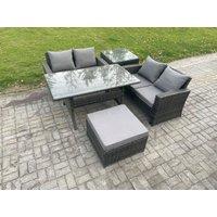 Fimous PE Wicker Rattan Garden Furniture Set Love Sofa Outdoor Rectangular Dining Table Big Footstool Side Table Dark Grey Mixed