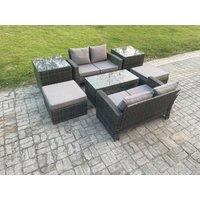 Fimous High Back Rattan Garden Furniture Sofa Sets with Rectangular Coffee Table 2 Side Tables 2 Big Footstool Dark Grey Mixed