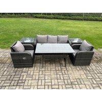 Fimous Wicker PE Rattan Garden Furniture Set Outdoor Rectangular Dining Table & Chair Sofa Set With 2 PC Side Table in Dark Grey