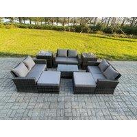 Fimous 8 pc Rattan Sofa Garden Furniture Outdoor Patio Set with 2 Side Tables 2 Big Footstool Love Seat Sofa Dark Grey Mixed