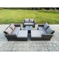 Fimous 8 Seater Outdoor Rattan Garden Furniture Set Conservatory Patio Sofa Coffee Table Set with 2 Big Footstool Dark Grey Mixed