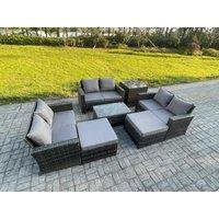 Fimous 7 pc Rattan Sofa Garden Furniture Outdoor Patio Set with Side Tables 2 Big Footstool Love Seat Sofa Dark Grey Mixed