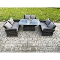 Fimous 6 Seater Rattan Wicker Garden Furniture Patio Conservatory Sofa Set with Height Adjustable Rising Lifting Table in Dark Grey