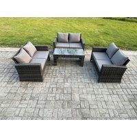 Fimous 6 Seater Rattan Wicker Garden Furniture Patio Conservatory Sofa Set with Coffee Table Double Seater Sofa in Dark Grey