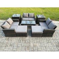 Fimous Outdoor U Shape Sofa Set Wicker PE Rattan Garden Furniture Set with Coffee Table Double Seat Sofa Big Footstool in Dark Grey