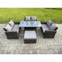 Fimous 7 Seater Rattan Wicker Garden Furniture Patio Conservatory Sofa Set with Height Adjustable Rising Lifting Table Big Footstool in Dark Grey