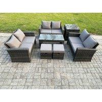 Fimous 7 PCS Outdoor Lounge Sofa Set Wicker PE Rattan Garden Furniture Set with Coffee Table Double Seater Sofa Side Table in Dark Grey