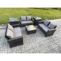 Fimous 6 PCS Outdoor Lounge Sofa Set Wicker PE Rattan Garden Furniture Set with Square Coffee Table Double Seat Sofa 2 Side Tables in Dark Grey