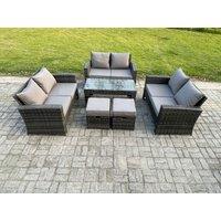 Fimous Outdoor U Shape Sofa Set Wicker PE Rattan Garden Furniture Set with Coffee Table Double Seat Sofa 2 Small Footstools in Dark Grey