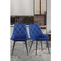 2 pcs Button Velvet Upholstered Dining Chair Dressing Chairs with Metal Legs