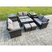 Fimous Outdoor U Shape Sofa Set Wicker PE Rattan Garden Furniture Set with Coffee Table Double Seat Sofa 2 Small Footstools in Dark Grey