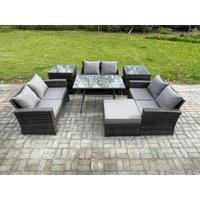 Fimous 7 PCS Outdoor Lounge Sofa Set Wicker PE Rattan Garden Furniture Set with Rectangular Dining Table Love Seat Sofa in Dark Grey