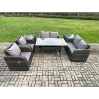 Fimous Rattan Outdoor Furniture Garden Dining Set Rectangular Table & Chair Sofa Set With 2 PC Side Tables Dark Grey Mixed