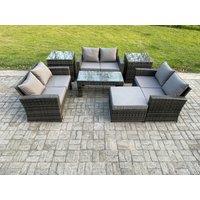 Fimous 7 PCS Outdoor Lounge Sofa Set Wicker PE Rattan Garden Furniture Set with Coffee Table Double Seater Sofa in Dark Grey
