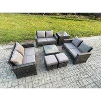 Fimous 7 PCS Outdoor Lounge Sofa Set Wicker PE Rattan Garden Furniture Set with Square Coffee Table Double Seat Sofa Side Table in Dark Grey