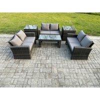 Fimous 6 PCS Outdoor Lounge Sofa Set Wicker PE Rattan Garden Furniture Set with Coffee Table Double Seater Sofa 2 Side Tables in Dark Grey