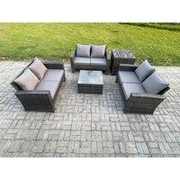 Fimous 6 Seater Rattan Wicker Garden Furniture Patio Conservatory Sofa Set with Square Coffee Table Double Seat Sofa Side Table in Dark Grey